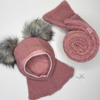 Žieminis Teddy šalmukas su bumbuliukais ir teddy šaliku